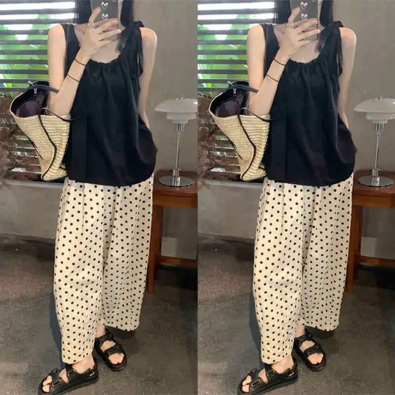 

Japan Style Polka Dot Casual Pants Summer Loose Vintage Basic High Waist Elastic Female Clothing Stylish Straight Cropped Pants