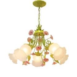 Modern European Chandelier lamp Lustre Green Color Pendant Pink Rose Flower Light Fixture E14 Decoration Design