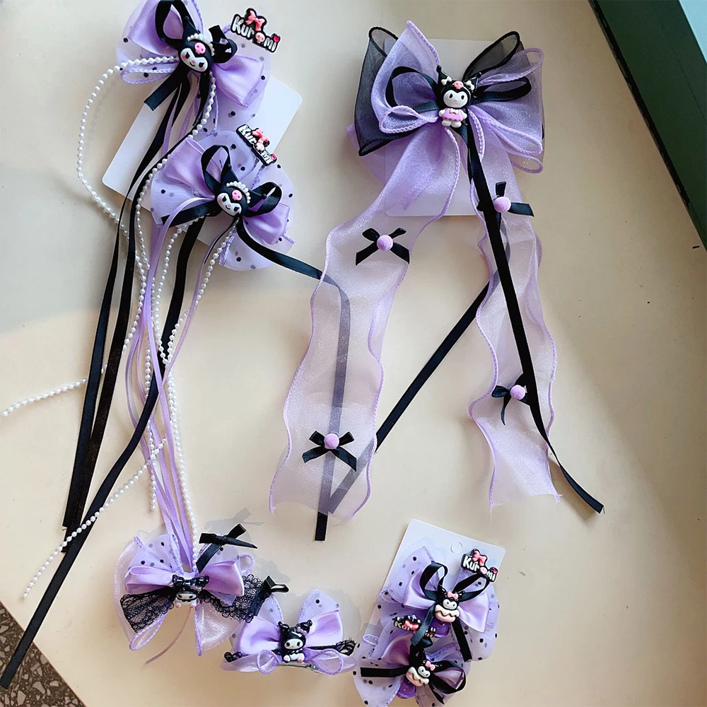 Girl Hairpin Hair Band Kawaii Sanrios Kuromi Hand Made Black Purple Lolita Hair Accessories Cartoon Jk Bow Hairpin Headdress