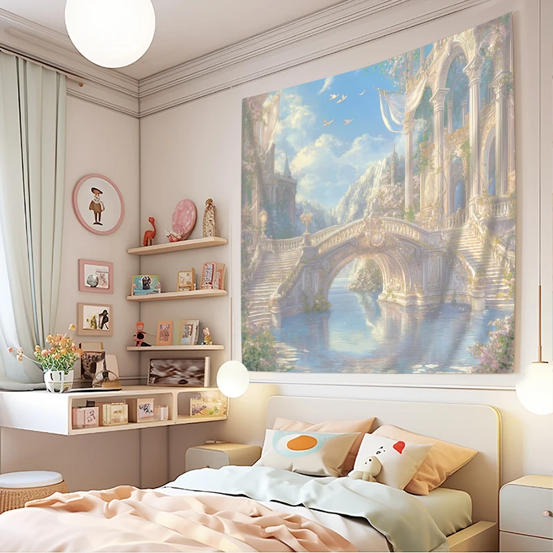 1PC Tapisserie murale à impression numérique, Paysage magique et rêveur avec pont en pierre, nuages et vue sur le ciel, Décoration murale artistique