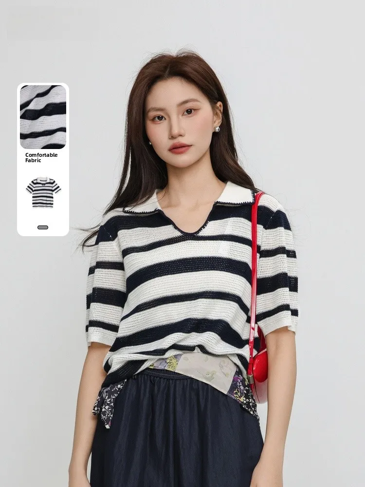 

Faionable Striped V-Ne ort Sve T-irt Memory's Start Summer New Arrival Versatile Knittedwear for Women