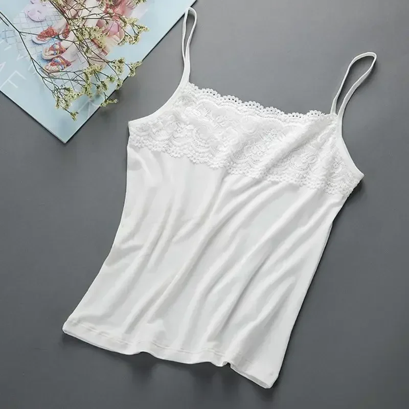 Women Basic Layer Sleeveless for Tank Top Scalloped Floral Lace Splicing Chest Slim Camisole Stretchy Spaghetti Strap Solid