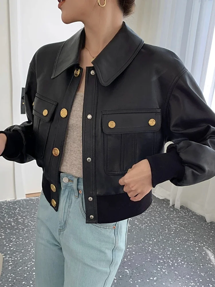 Leather Genuine Bomber Jacket Women Autumn Winter 2024 Trend High Waist Slim Short Motorcycle Real Sheepskin Coat