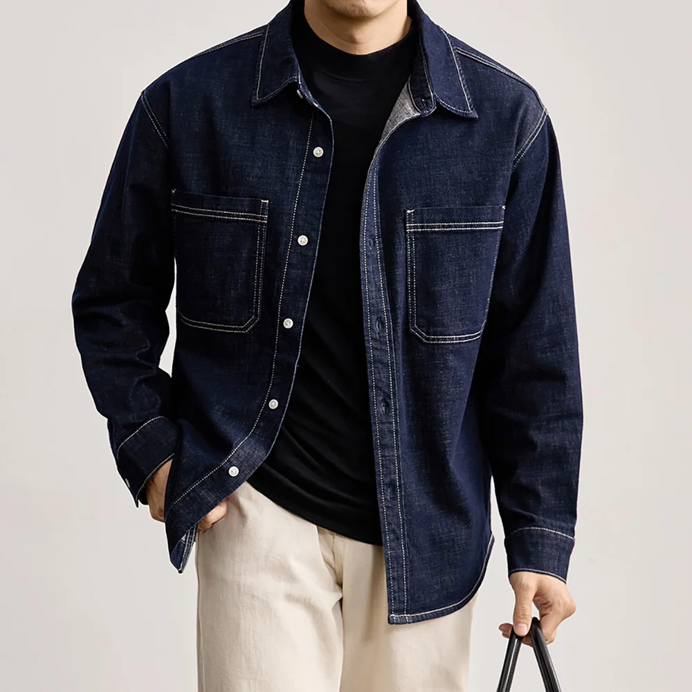 

Men American Vintage Fashion Loose Casual Long Sleeve Denim Shirts Male Streetwear Plus Size Cargo Jeans Shirt Clothes