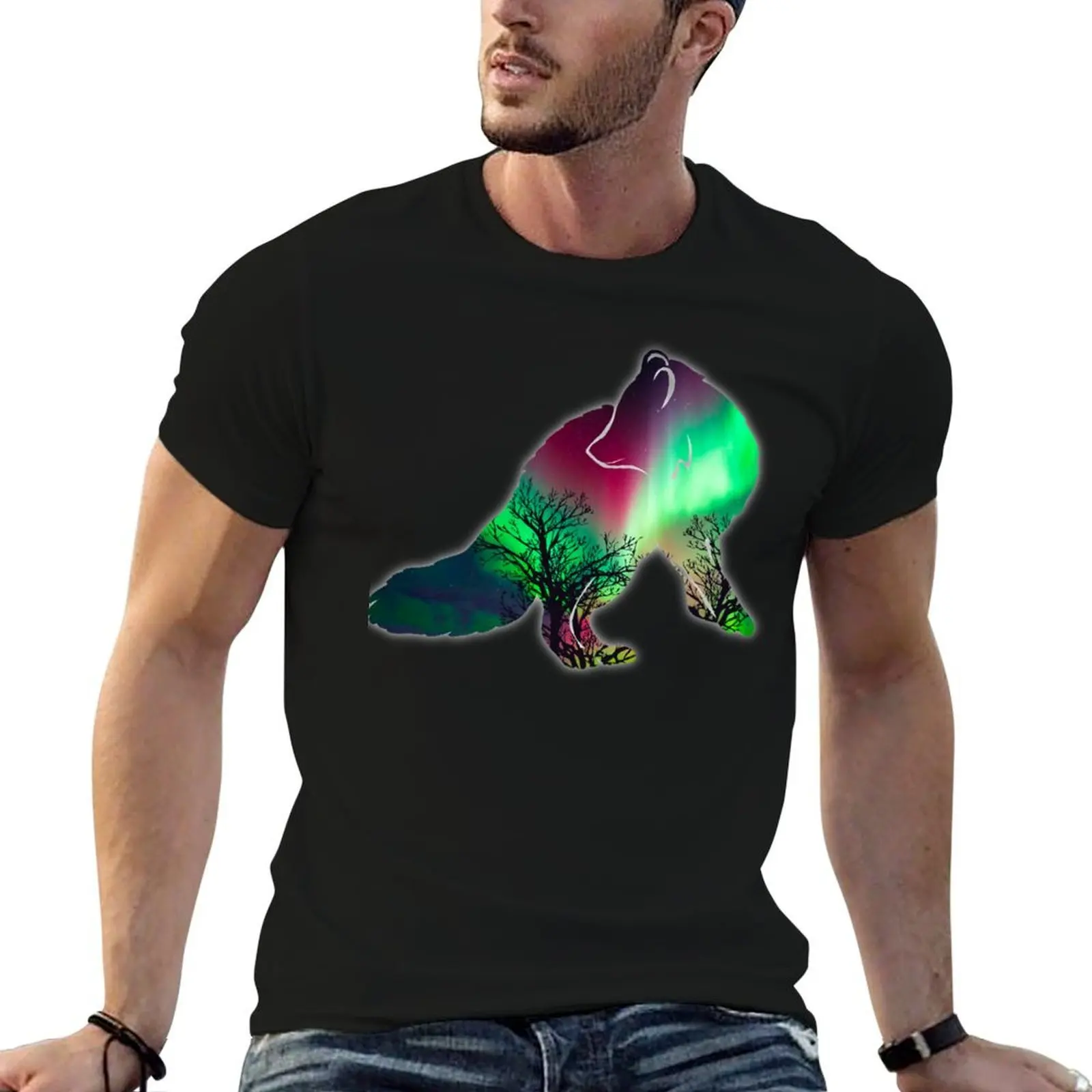 Alaskan Arctic Fox Northern Light Scene filled Silhouette T-Shirt t shirt man casual cotton t shirts high quality T-Shirt