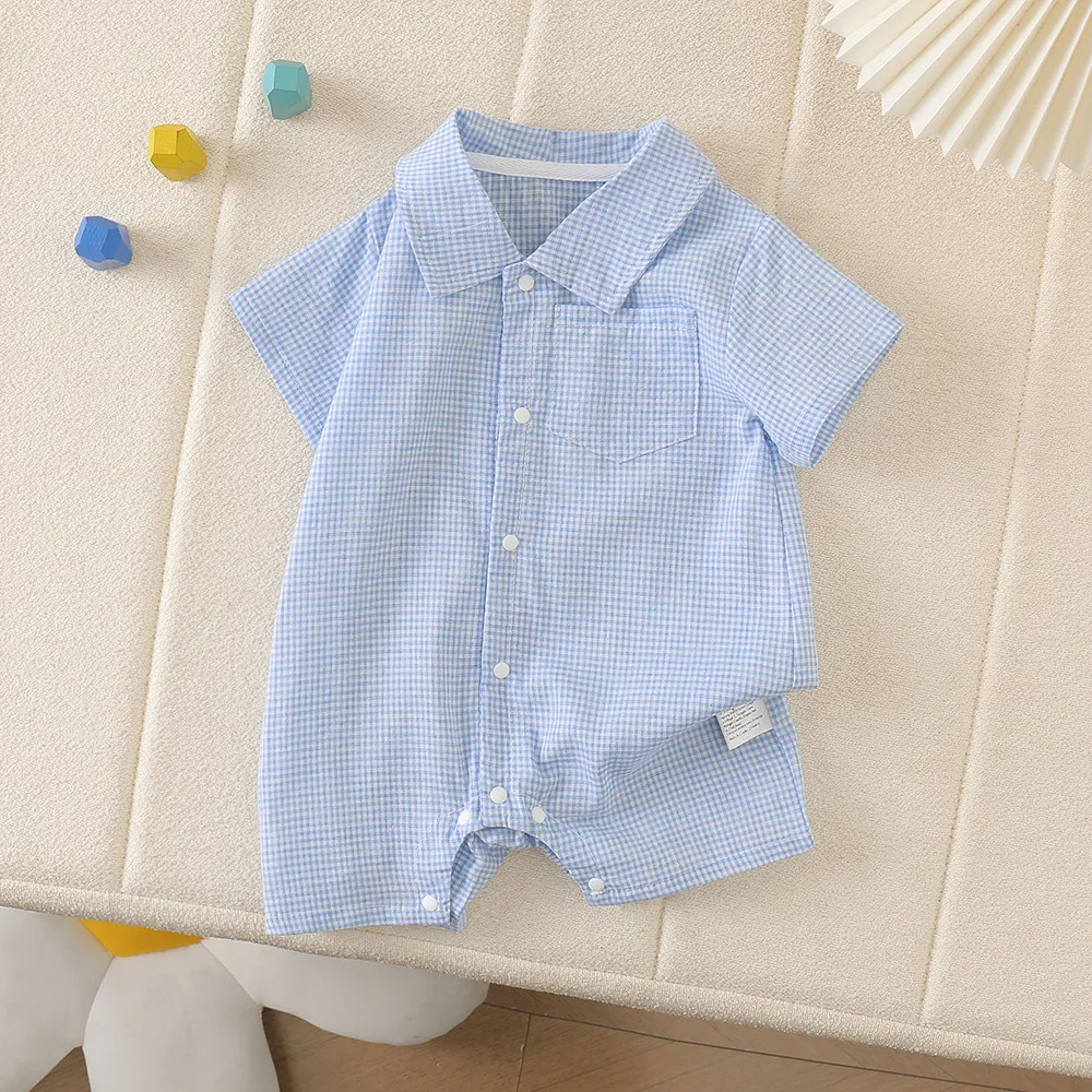 Infant and Toddler Summer Thin Short-Sleeved Romper for Boys and Girls, Plaid Simple Solid Color One-Piece Newborn Clothing That Absorbs Sweat and Is Breathable