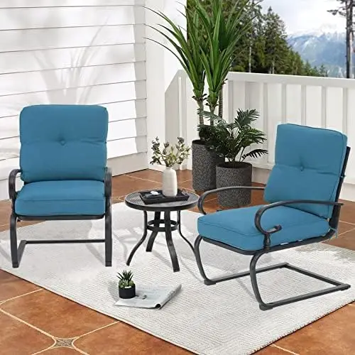 Outdoor Bistro Set 3-Piece Spring Metal Lounge Cushioned Chairs and Bistro Table Set Wrought Iron Cafe Furniture Seat