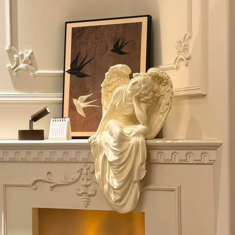 Vintage Sitting Angel Girl Resin Statue for Living Room Balcony Tabletop Entryway Decor