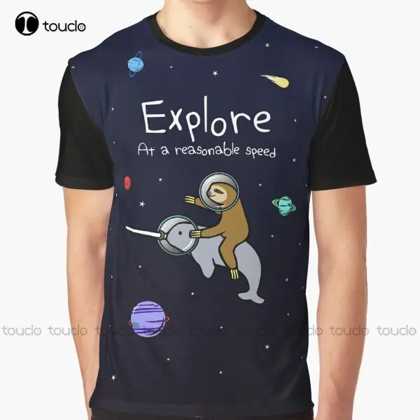 Explore! At A Reasonable Speed (Sloth Riding Narwhal In Space) Graphic T-Shirt Mom Shirts For Women Digital Printing Tee Shirts