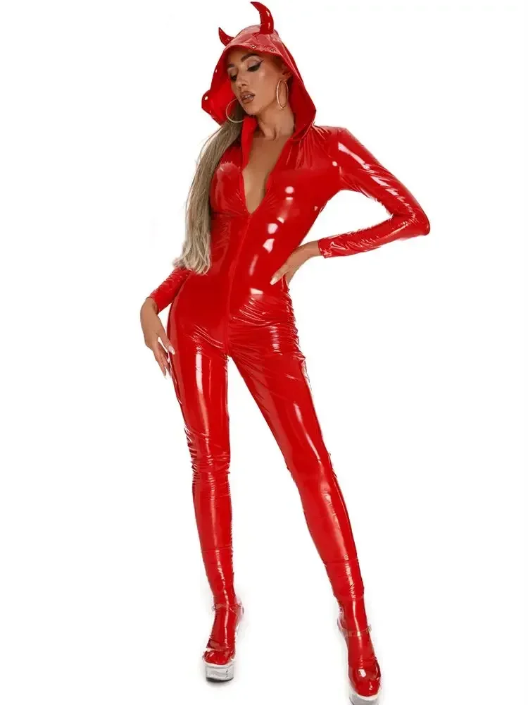 طويلة الأكمام مقنعين نظرة الرطب PVC Catsuit لامعة بولي Leather الجلود البريدي مفتوحة المنشعب ارتداءها الجوارب تأثيري الملتصقة يوتار مثير بذلة