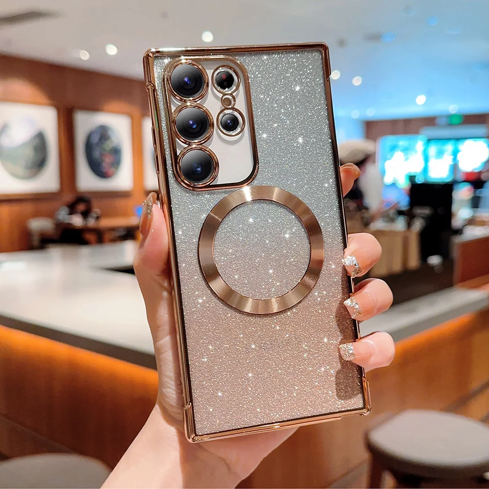 For Samsung S26 Plus Case Glitter Clear Magnetic Phone Cases Compatible with MagSafe Full Camera Lens Protector Shockproof Cover