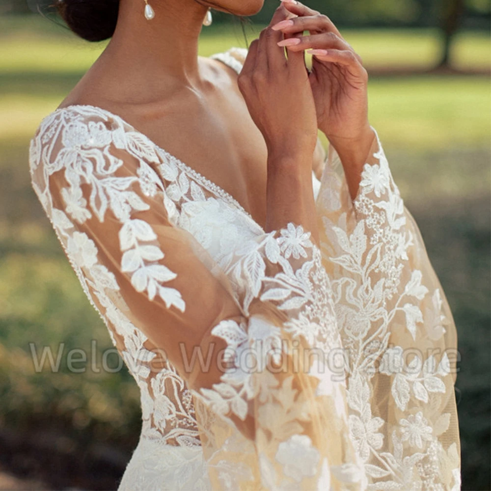 Exquisite Flare Long Sleeve Applique Wedding Dress Sexy Deep V-Neck Open Back Mermaid Floor Length Sweep Train with Button Gowns