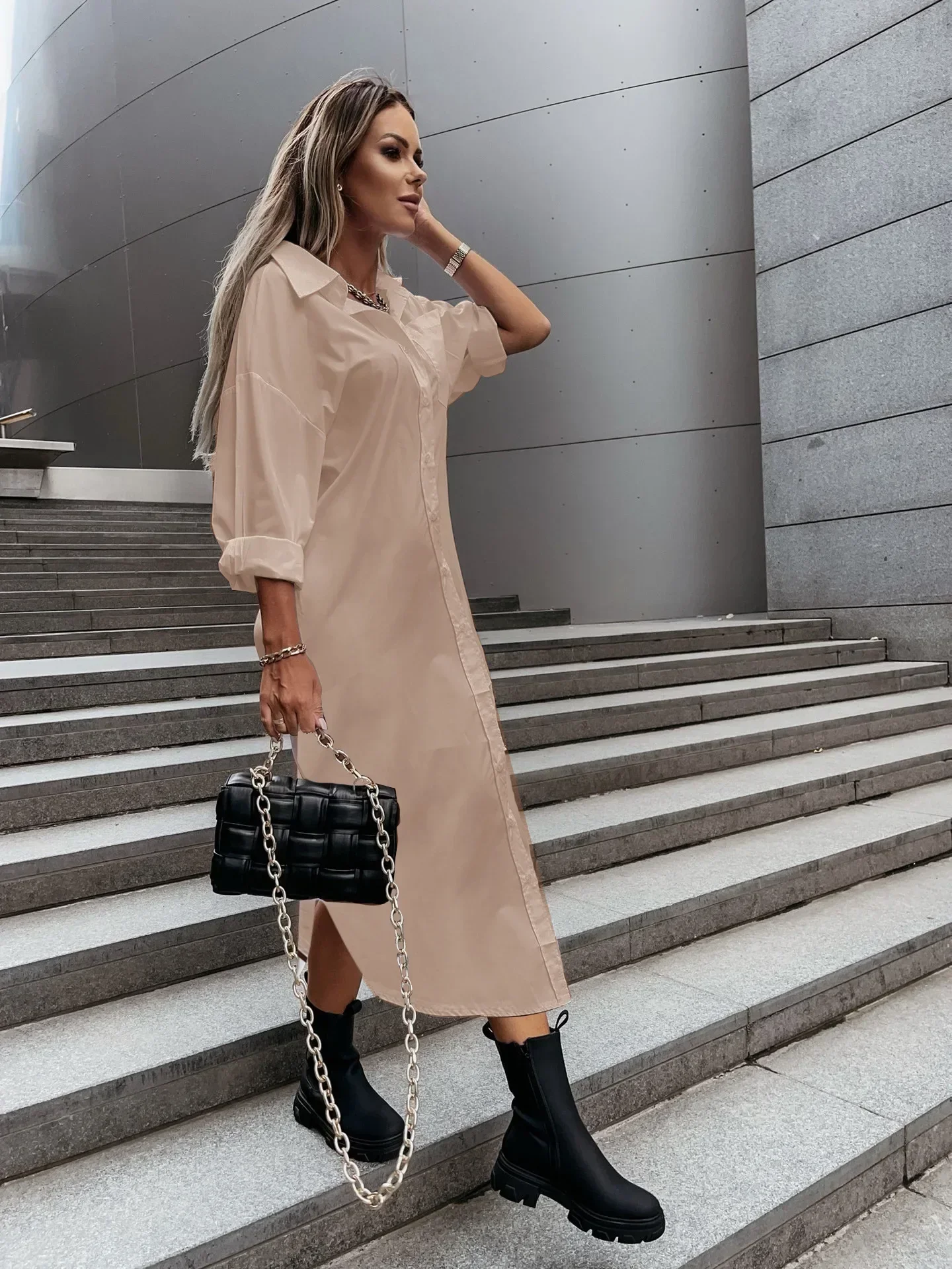 Women Oversized Shirt Dress Lapel Long Sleeve Button Front Split Maxi Dress Casual Loose Solid Dress