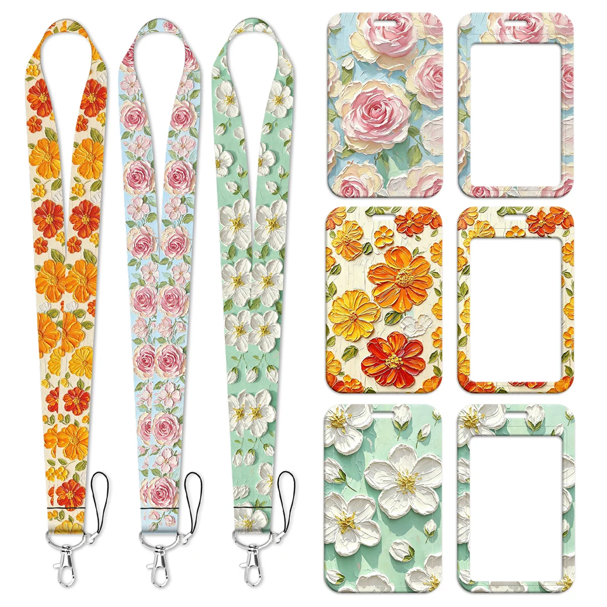 Oil Painting Rose Flower Lanyard Neck Strap Keychain Card Cover Badge Holder Mobile Phone Hang Rope Keyring Accessories Gifts