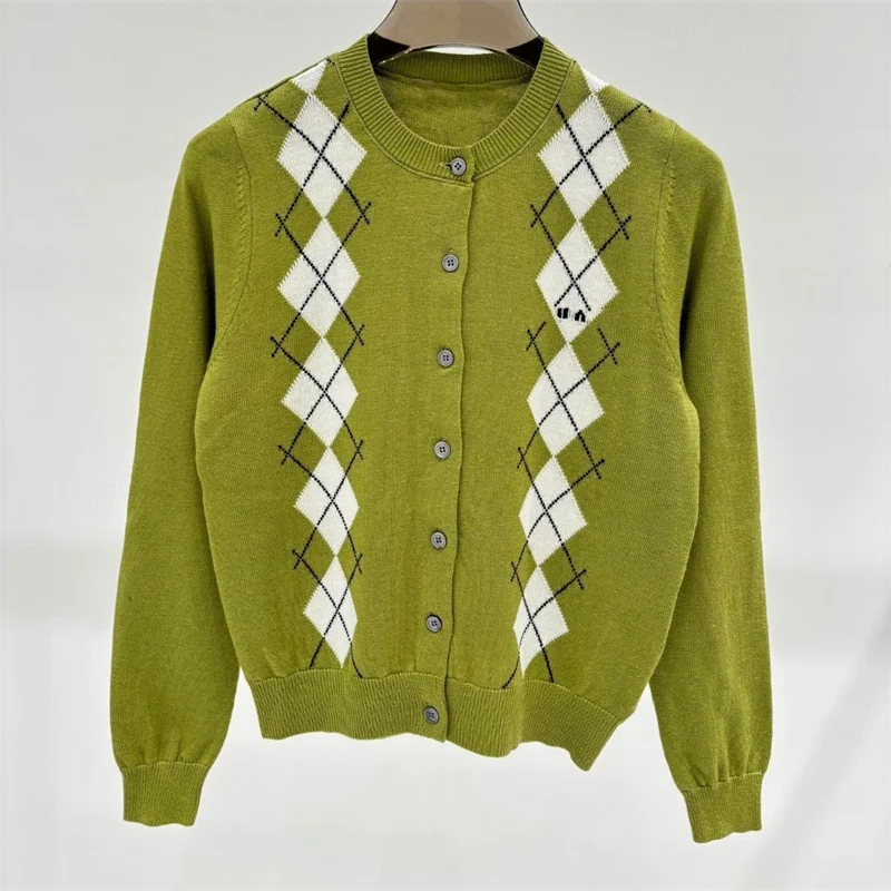 24 Early Autumn College L220369 Style Rhombus Splicing Letter green colour sweater Crew Neck Cardigan Knitted Long Sleeve Women