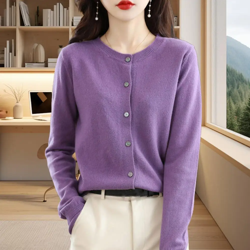 Langarm-Strickpullover für Damen, leichter Pullovermantel, eleganter Kaschmirpullovermantel mit Rundhalsausschnitt und Knopf für den Herbst