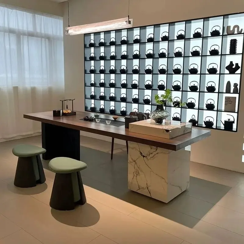 Rock slab tea table and chair combination modern simple tea table balcony kettle embedded desk integrated kung fu tea table