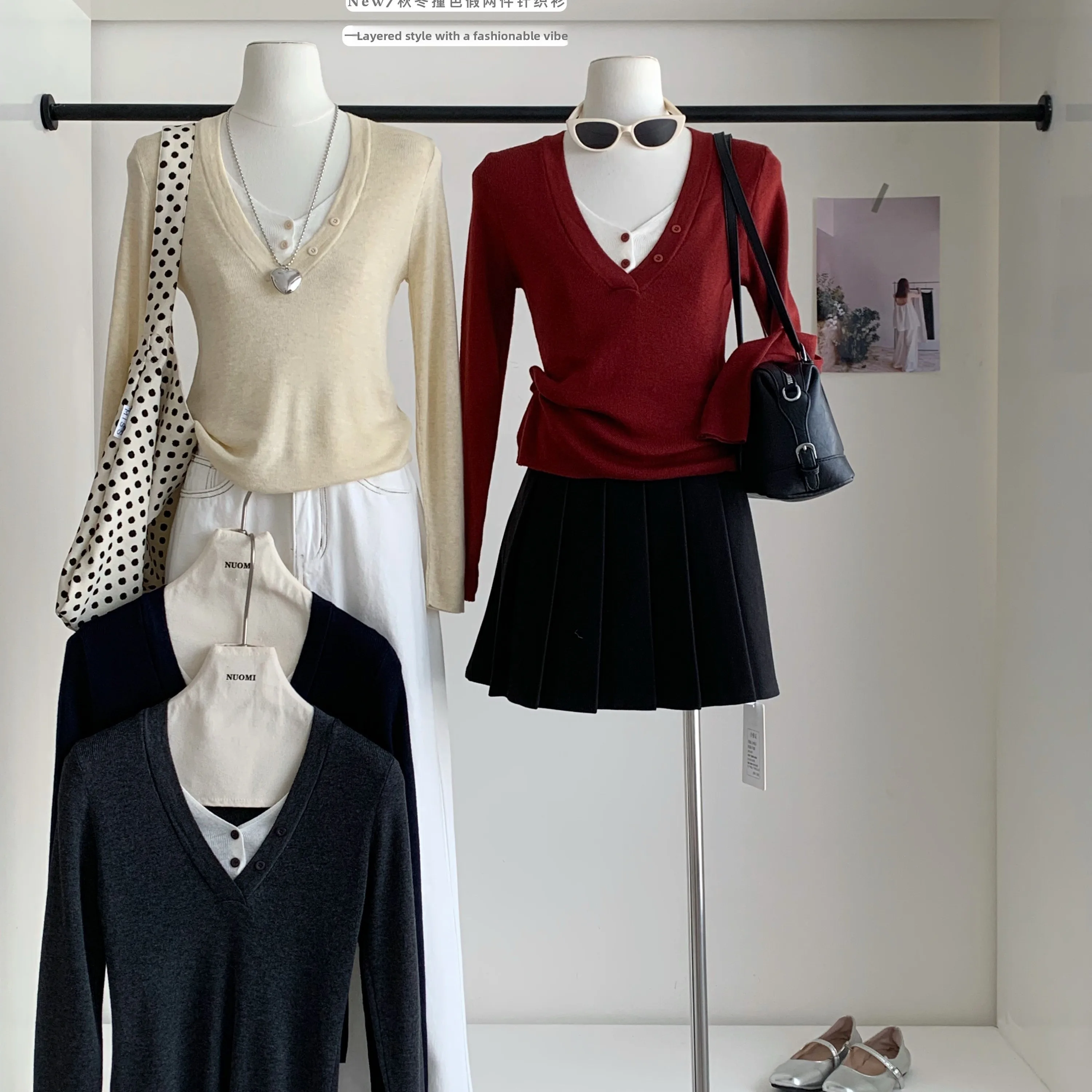 

Soft Long Sve V-Ne Knitted Sweater Women's Base Layer irt Autumn Winter Korean Sle Fake Two-Piece Cotton Inner Top