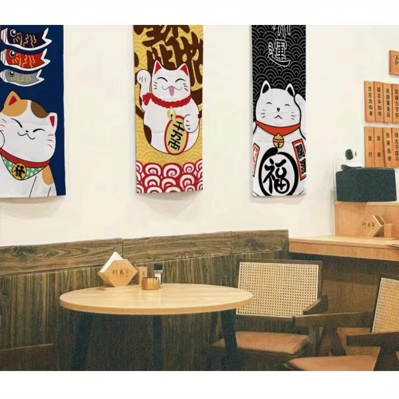 VIKAMA Lucky Cat Noren Hanging Curtain Japanese Style Door Curtain Ornament for Sushi Restaurant Home Background Decor