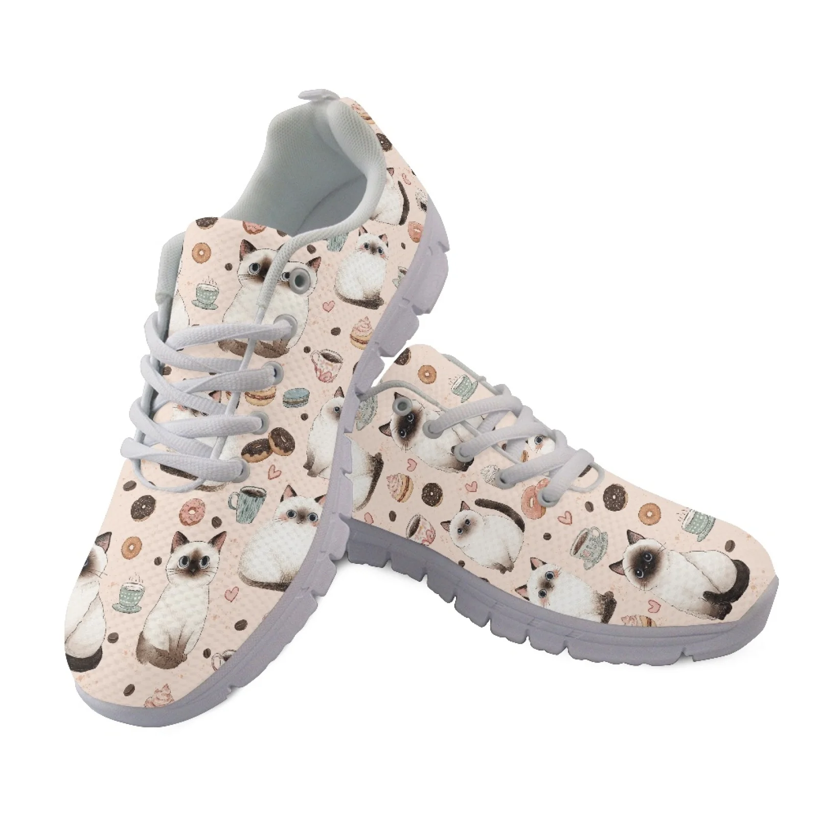 Coloranimal Cat and Coffee Pattern Women Sneakers Anti-skid Breathable Men's Walking Sneakers for Jogging