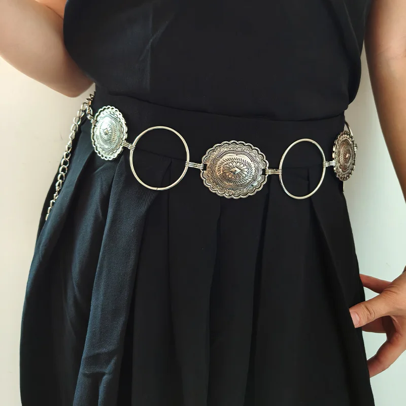 New Metal Carve Big Round Waist Chain Belt For Women Silver Dress Jeans Waistband Female Gothic Accessories Girl Adjustable Belt