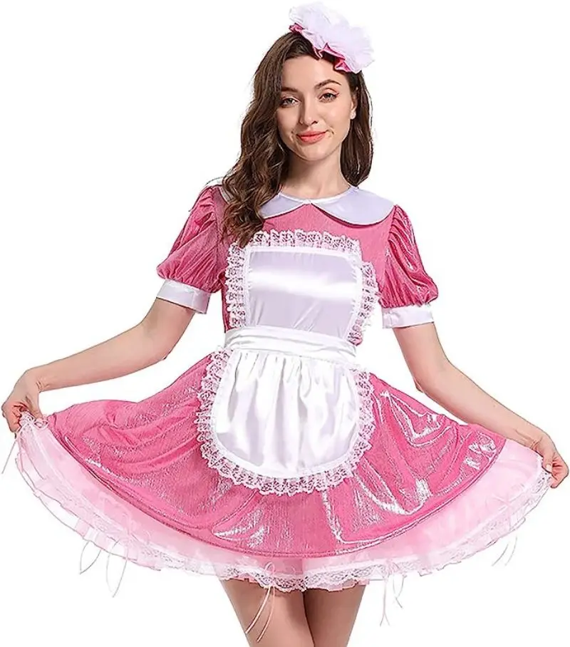 

Adult Giant Baby Sexy Girl Pink Thin PU Sissy Short Dress Organza White Satin Apron Maid Role Playing Gothic Customization