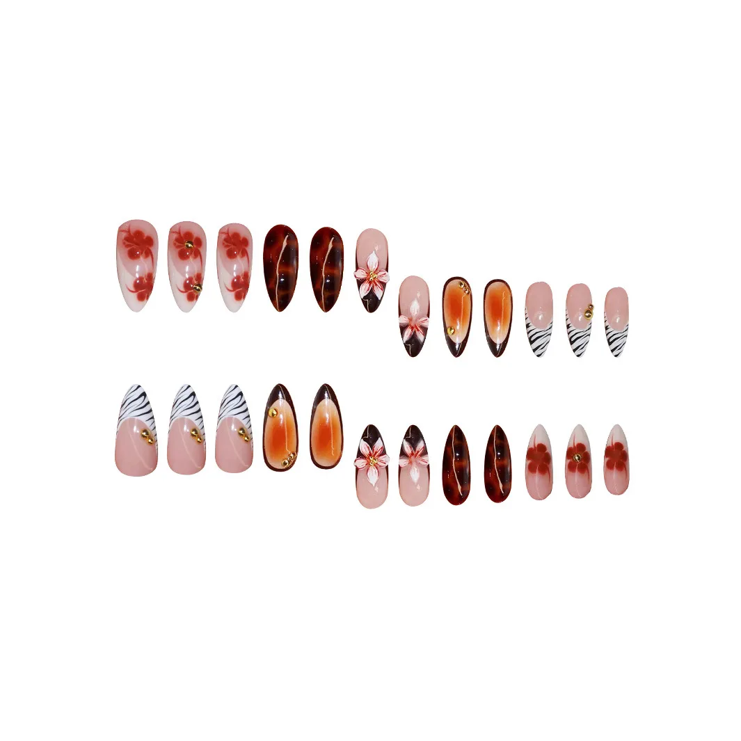 24pcs Brown Leopard Print Press On Nails Cute Stereo Flower Gold Ball Designs False Nail Sweet Cool European Wearable Fake Nail