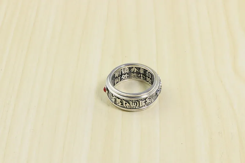 Rotatable Tibetan Retro Thai Silver Ring Trendy Men's Hegemonic Heart Scripture Wholesale Pure Silver Diamond Stick Ring