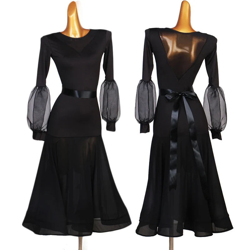 Standardowa sukienka do tańca towarzyskiego, czarna, z długim rękawem, sukienki do występów, damski strój do tańca nowoczesnego, strój do tańca dla dorosłych, odzież do walca VDL4476