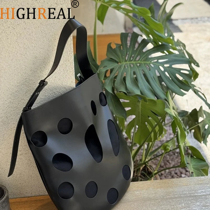 

Trendy Large Capacity Leather Hollow out Tote Bag Crossbody Shoulder Women's Bag Luxury Quality Soft Bucket Bag Shape