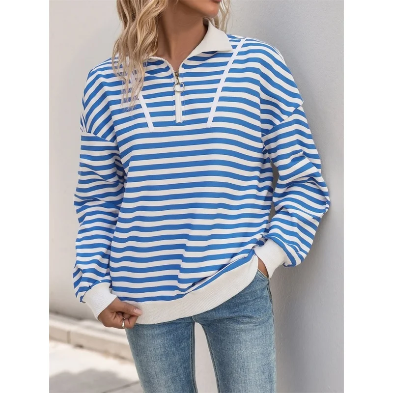 Faion Women's Striped Zipper T-irt Hoodie Streetwear Long Sve  Ne Regular Fit Polyester Autumn Top Ladies