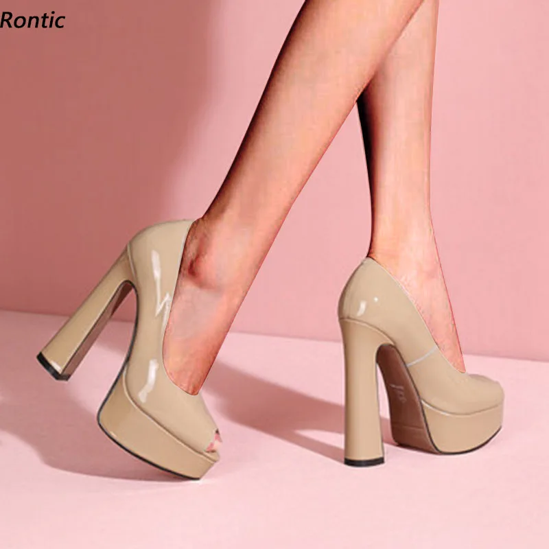 

Rontic Новые женские блестящие туфли-лодочки на платформе без шнуровки на массивном каблуке с открытым носком Красивые черные вечерние туфли Aprioct Женские размеры США 3-8,5