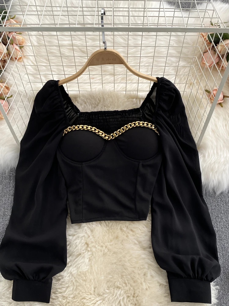 Autumn Women Black/White Blouse Sexy Square Collar Lantern Long Sleeve Short Tops Female Elegant Party Shirt Blusas 2022 New