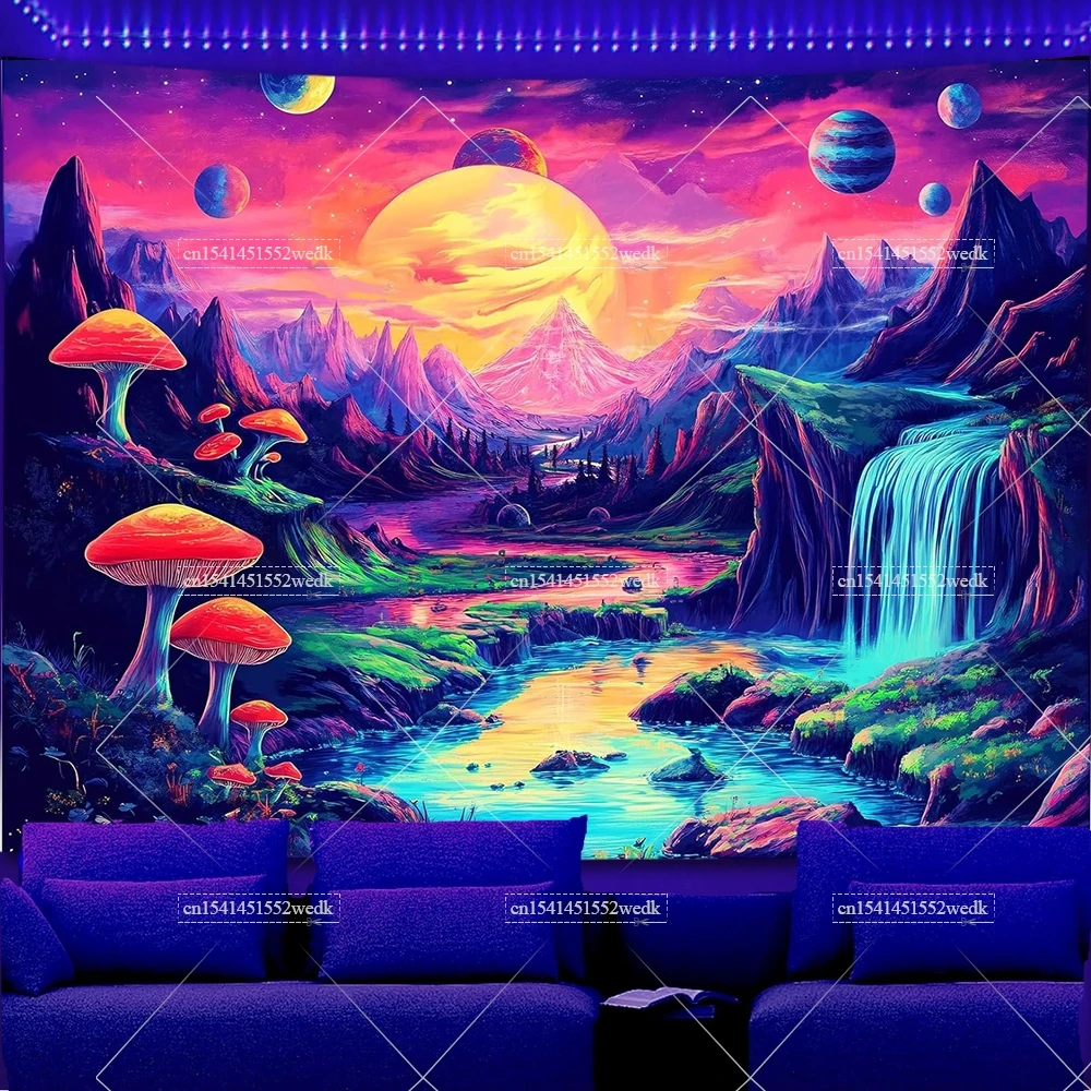 Galaxy Space Blacklight Tapestry UV Reactive Waterfall Mountain Landscape Black Light Tapestry Glow In The Dark Neon Tapestrys