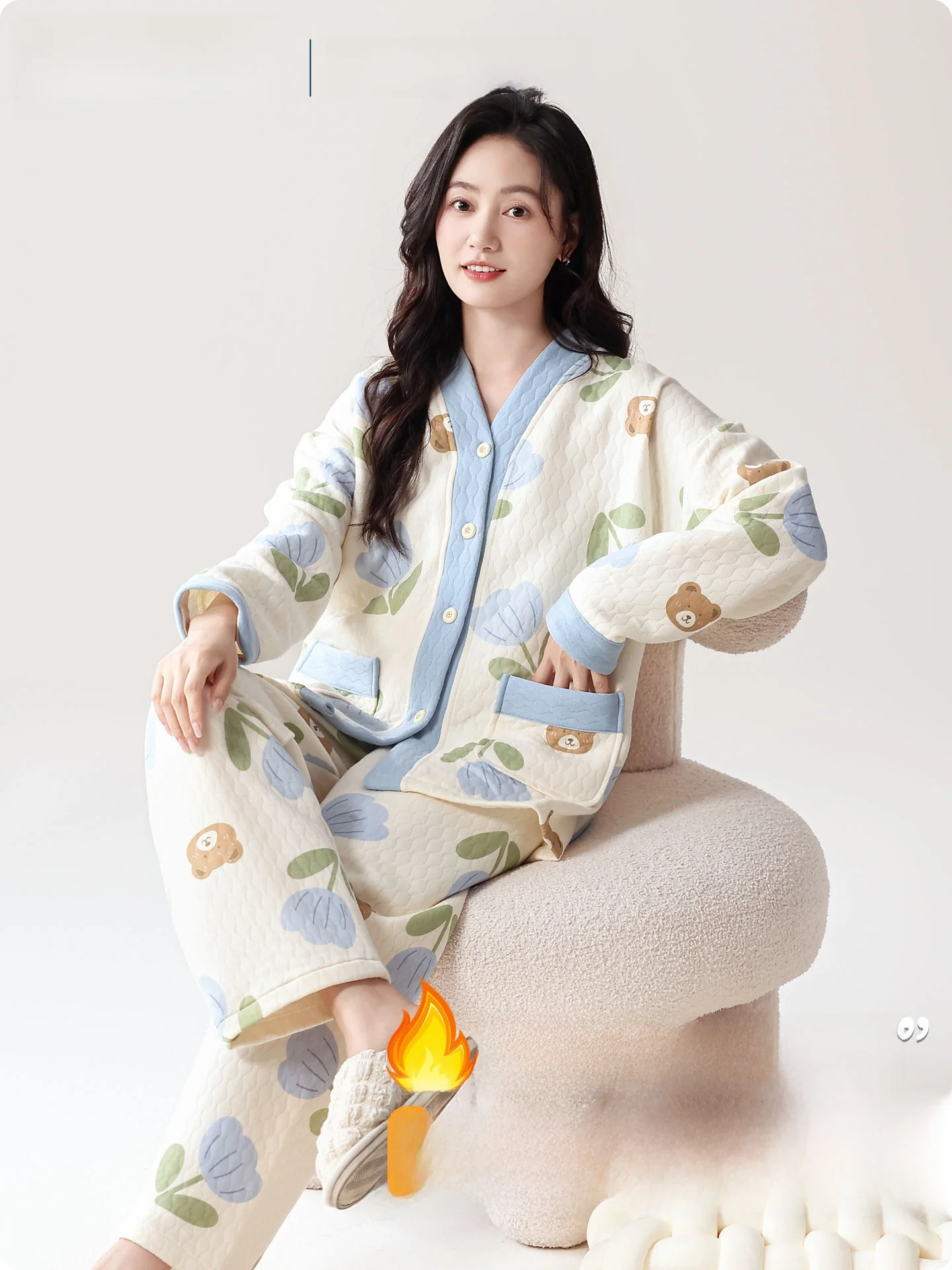 plandoo-air-cotton-layered-sleepwear-women's-thickened-home-clothes-set-autumn-winter-new-style-v-neck-long-sleeve-soft-polye