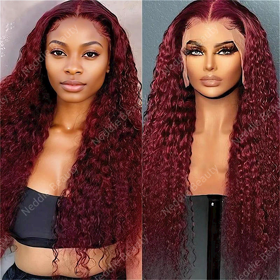 

HD Lace Frontal Wig 13x6 Human Hair 100% Burgundy Water Wave Brazilian Curly PrePlucked Transparent Wigs For Women Choice