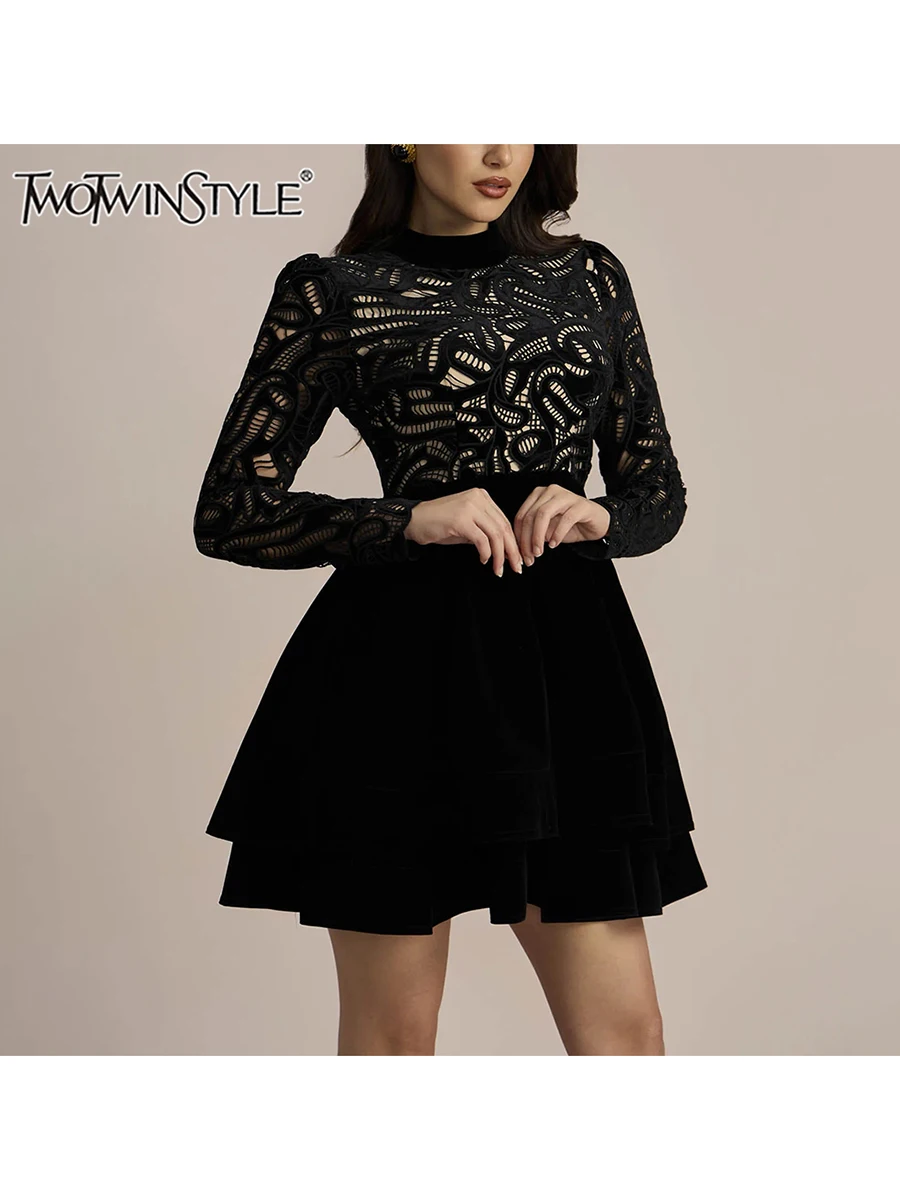 

TWOTWINSTYLE Solid Slimming A Line Dresses For Women Round Neck Long Sleeve High Waist Embroidery Elegant Short Dress Female