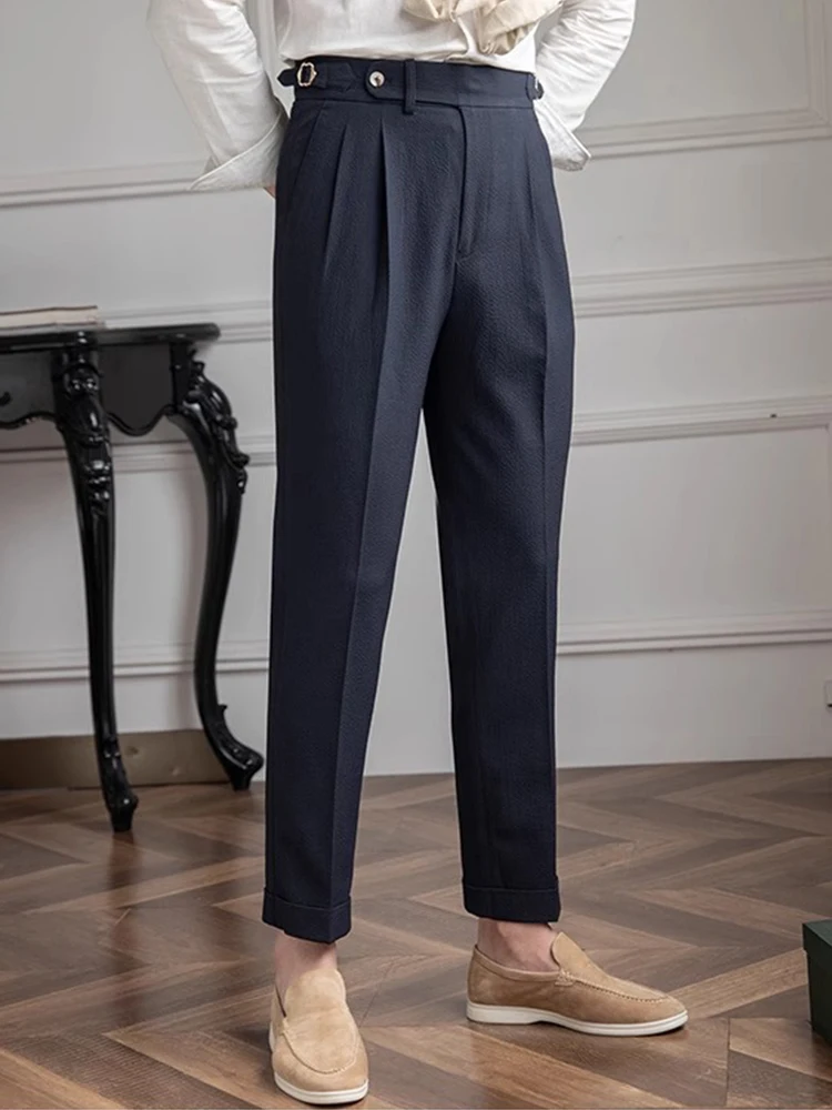 2023 herbst Neue Casual Herren Gürtel Hosen Vintage Plissee Gerade Anzug Hosen Männer Modische Slim Fit Einfarbig Hosen