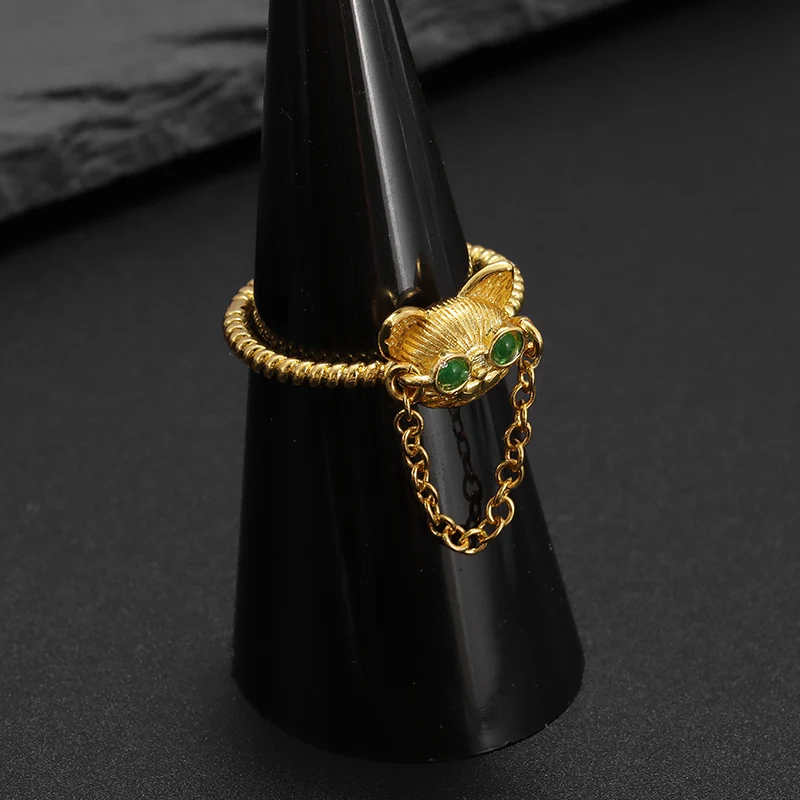 Gold Color Cute Cat Head Chain with Glasses Ring Green Zircon Animal Dog Adjustable Ring Men and Women Hip Hop Trendy Jewelry