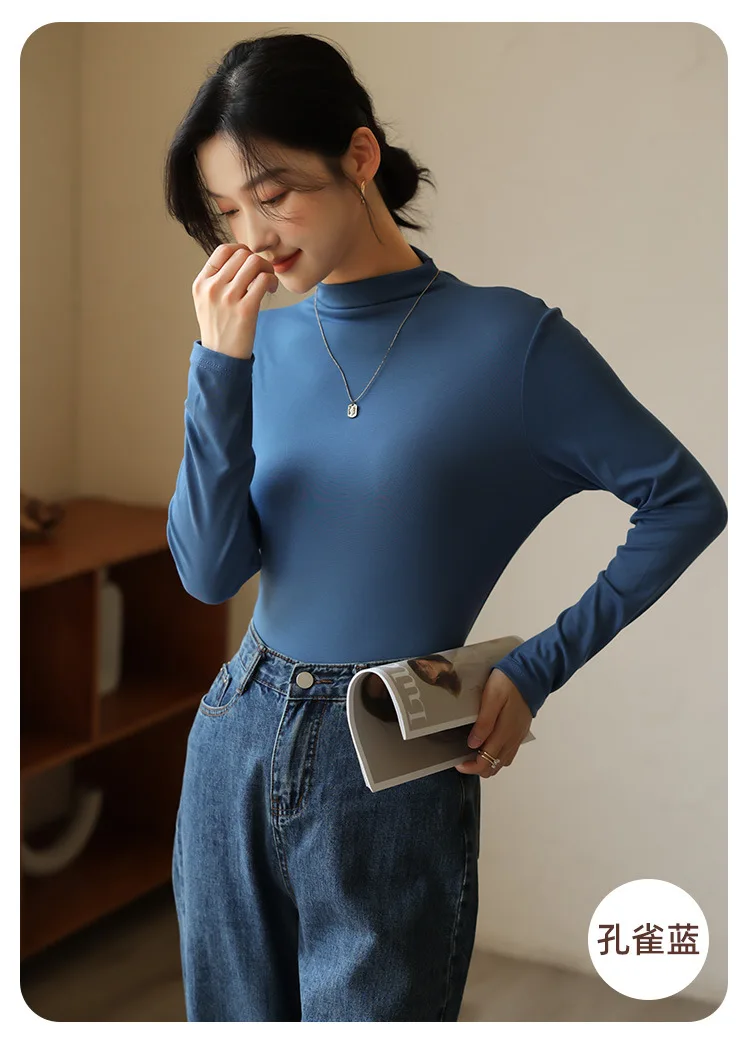 

Women's Cotton Elastic Basic T-shirt, Long Sleeve Tops, Sexy Thin T-shirt, Modal Fiber, Female Casual Tops