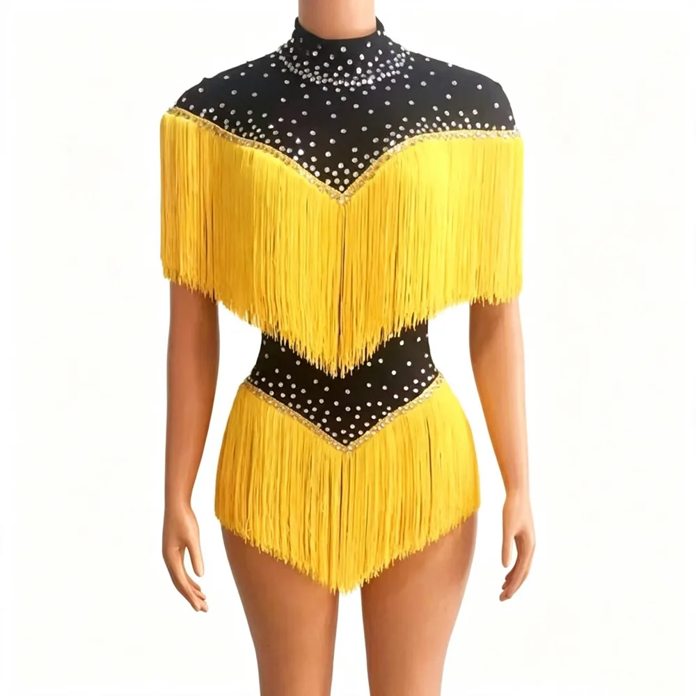 Sparkly Rhinestones Tassel Bodysuit Women Latin Dance Costume Sleeveless Fringe Leotard Nightclub Bar Singer Dancer Stage Wear