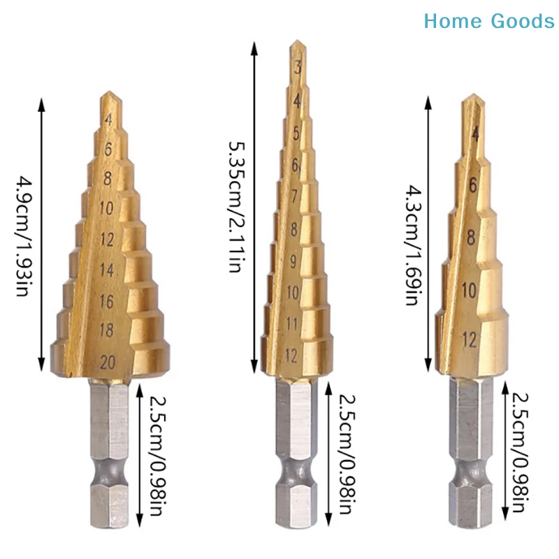 3pcs HSS Titanium-Coated Spiral Groove Step Drill Bit 3-12 4-12 4-20 Power Tool Step Drill Bits Set Metal Multi-Hole Taper Drill