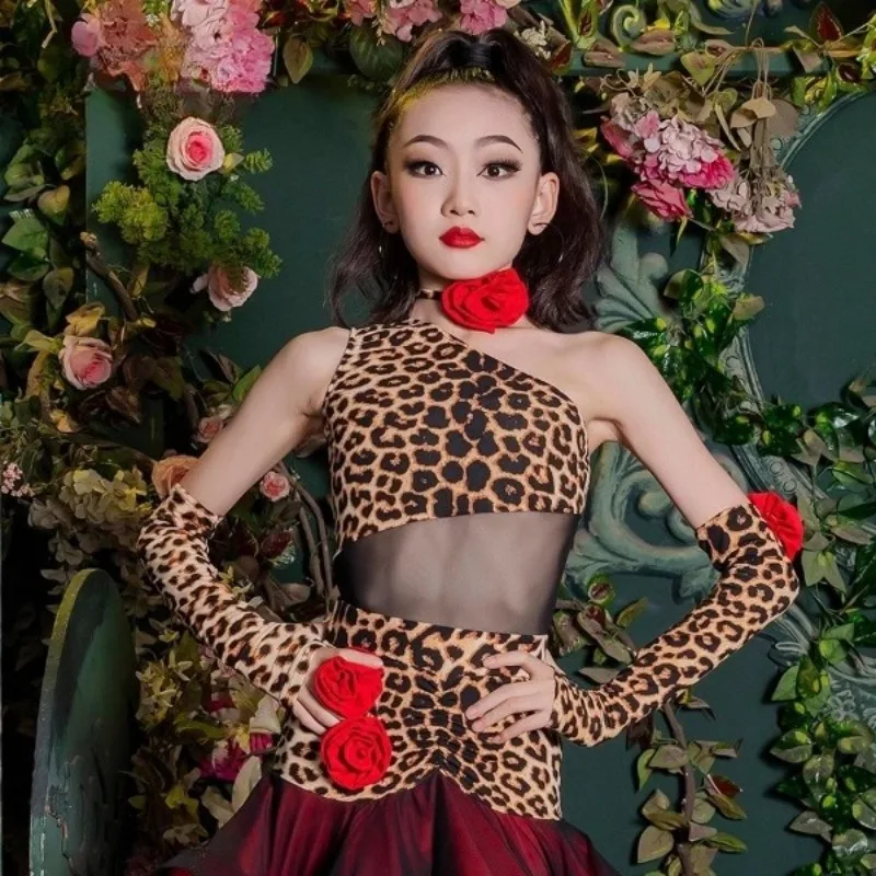 تنورة لاتينية مخصصة للفتيات لممارسة طباعة الفهد زي تدريب الأداء تشا تشا تانجو سامبا رومبا فستان رقص #2