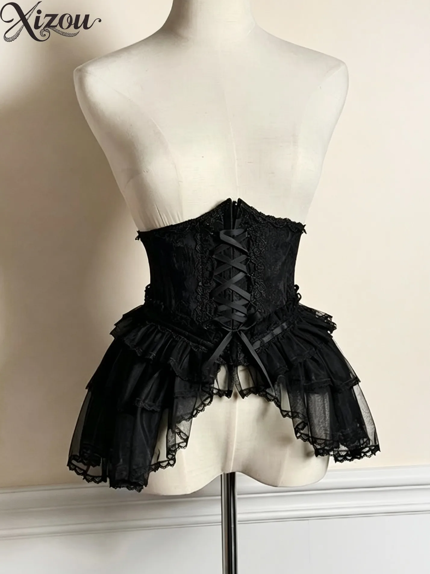 

2026 Gothic Princess Sweet Lolita Corset Skirt Black Lace Cross Multiple Layers Hem Peplum Waist Cincher Girdle Waist Slim Women