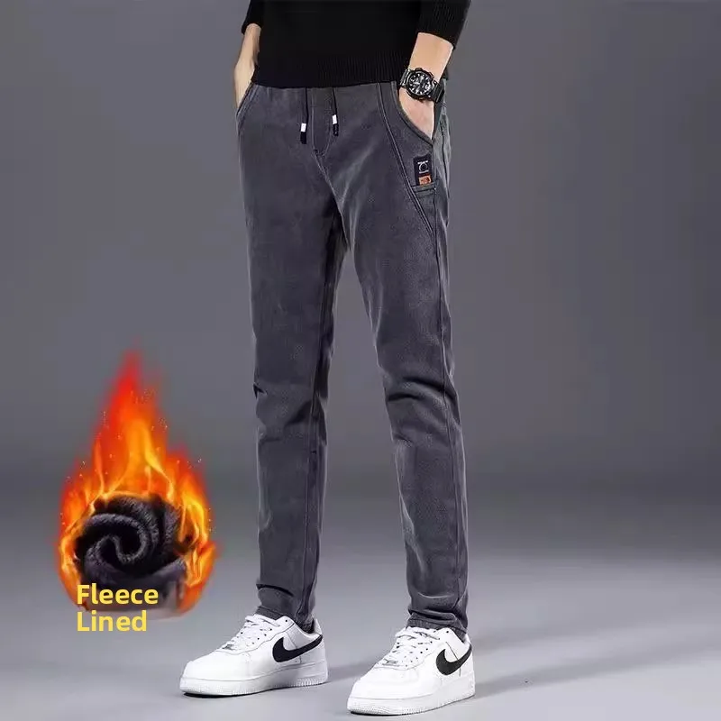 Thiened Fce forrado solto ajuste jeans masculino para trabalho outono inverno resistente ao desgaste e à prova de sujeira perna reta algodão denim