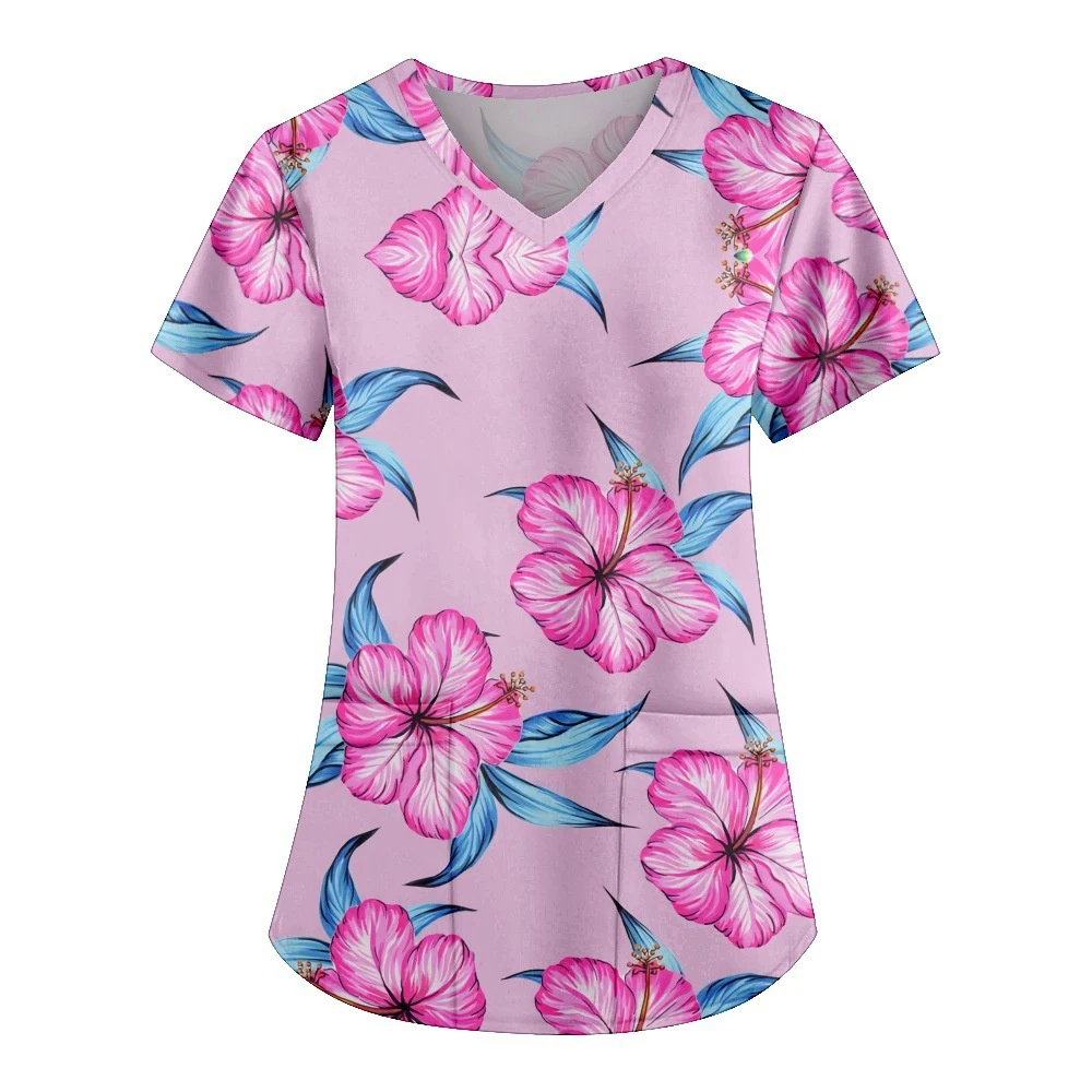 Fashionable 3DV Collar Printed Series Healthcare Worker Uniform Silks Short Sleeve Decorative T-shirt Surgical Uniforms Woman
