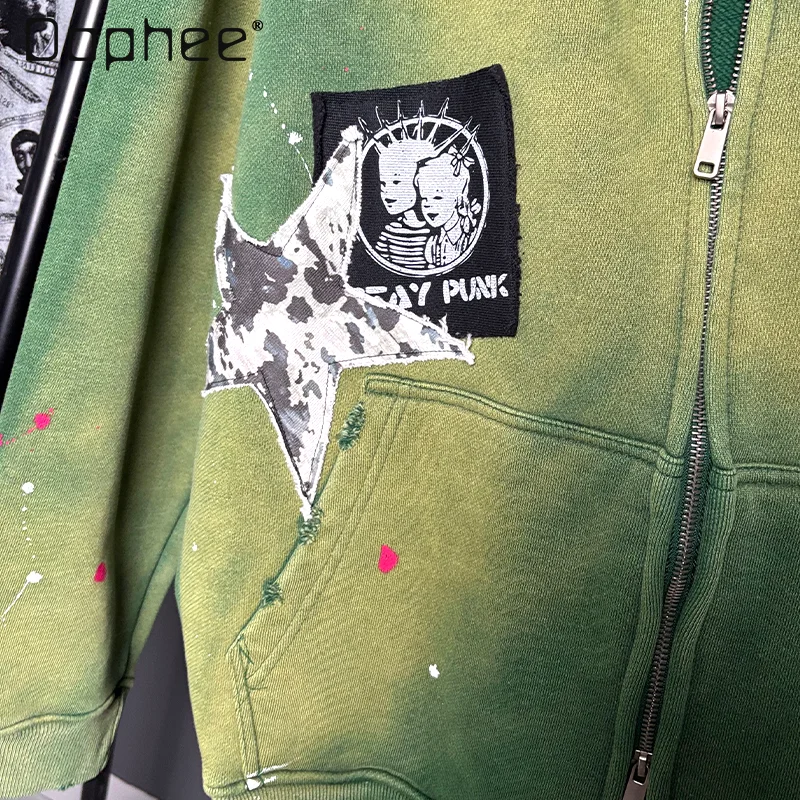 American Hot Girl Rock Print Mid-length Hoodies Women Punk Style Subculture Splicing Hoodie High End Street Trend Zip Up Hoodie