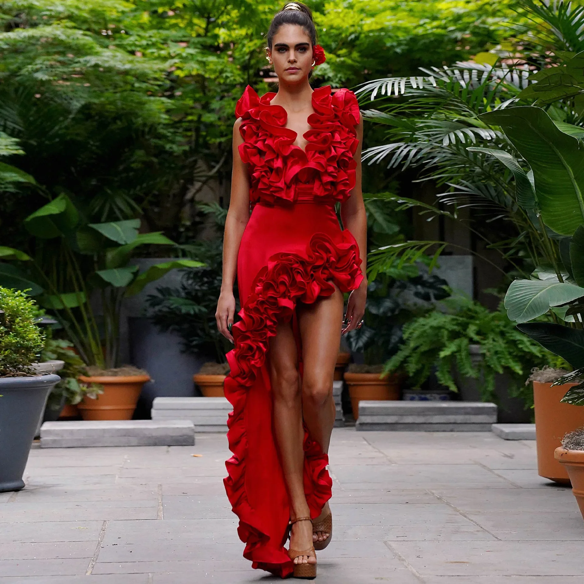 

2024 Solid Red Flower One Piece Swimsuit Luxury Women Swimwear Sexy Swim Suit Deep V Monokini Off Shoulder Bodysuit Bathingsuit