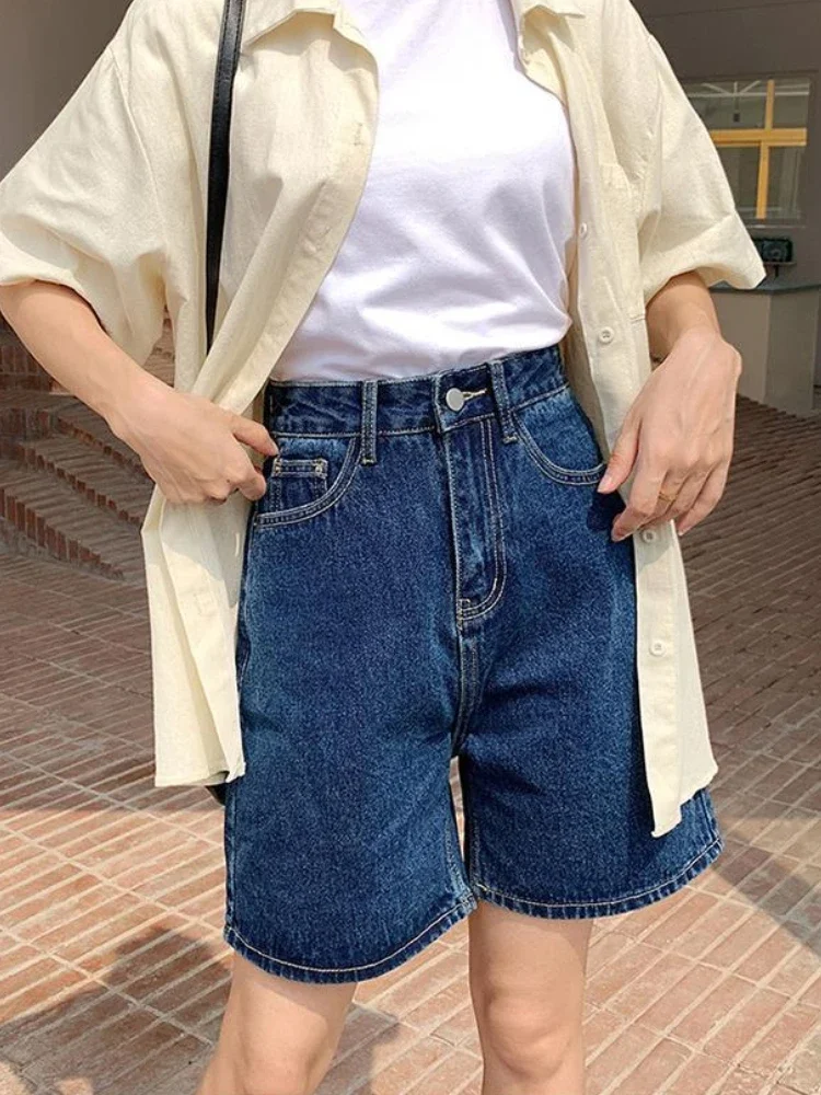 

Темно-синие джинсовые шорты, женские студенческие прямые шорты средней длины с высокой талией, корейские модные универсальные шорты для женщин