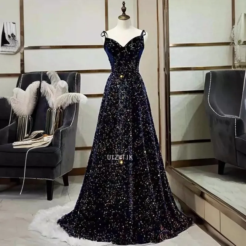 Vestidos de noite personalizados femininos, lantejoulas pretas, alça sgaphetti, renda até o chão, plus size, vestido formal de festa feminino